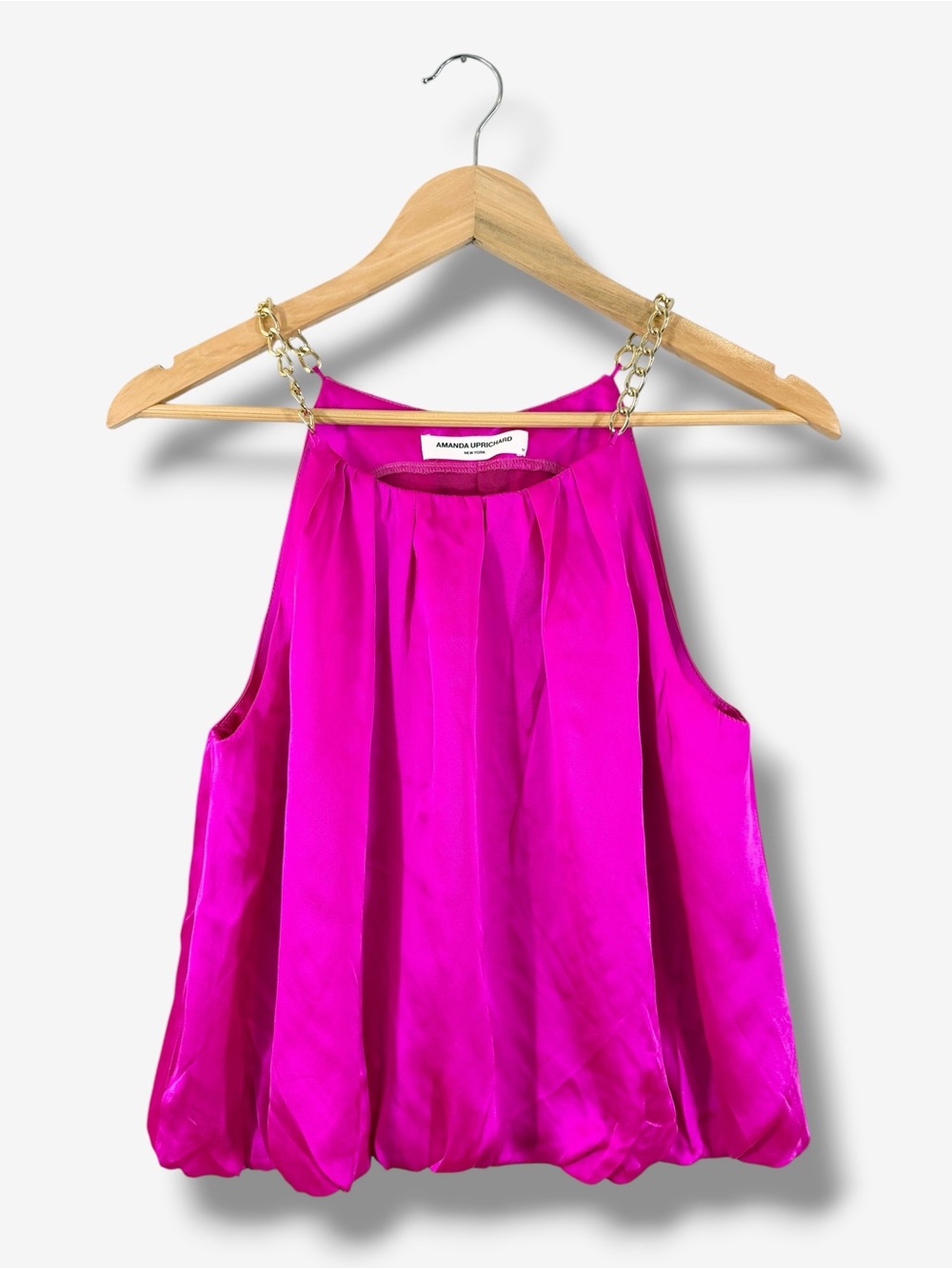 Amanda Uprichard Abra Tank Size M Hot Pink Silk Gold Chain Straps Bubble Hem